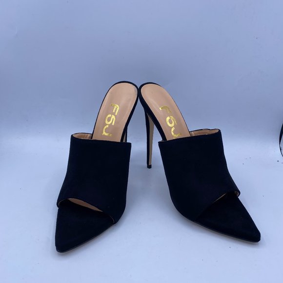 FSJ Black Suede High Heels Sandals Open Toe Mules Sexy Slide Shoes - Picture 2 of 11